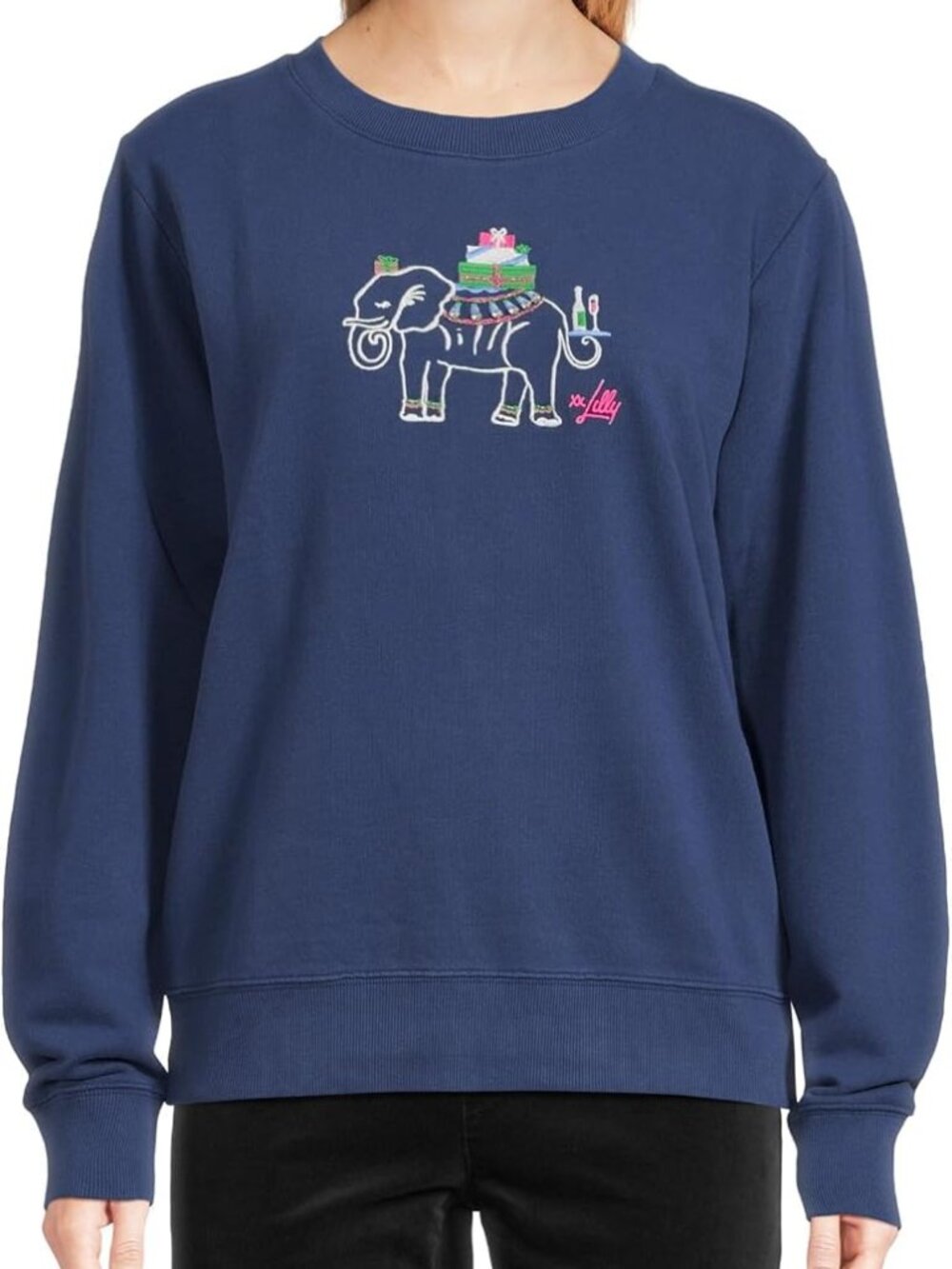 Lilly Pulitzer Holiday Embroidered Elephant Navy Crewneck Sweatshirt Size Large
